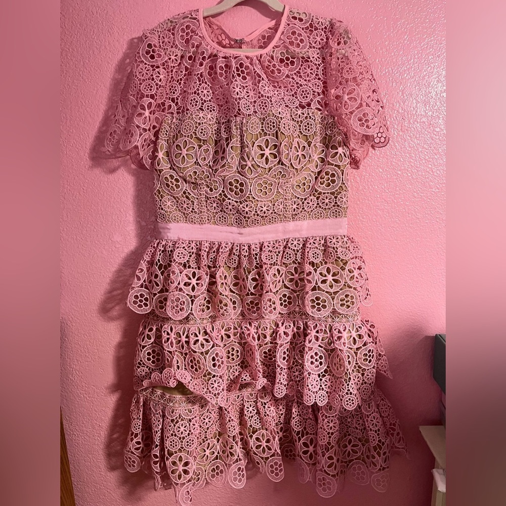 Self-Portrait Pink Floral Tiered Lace Mini Dress - Picture 4 of 7